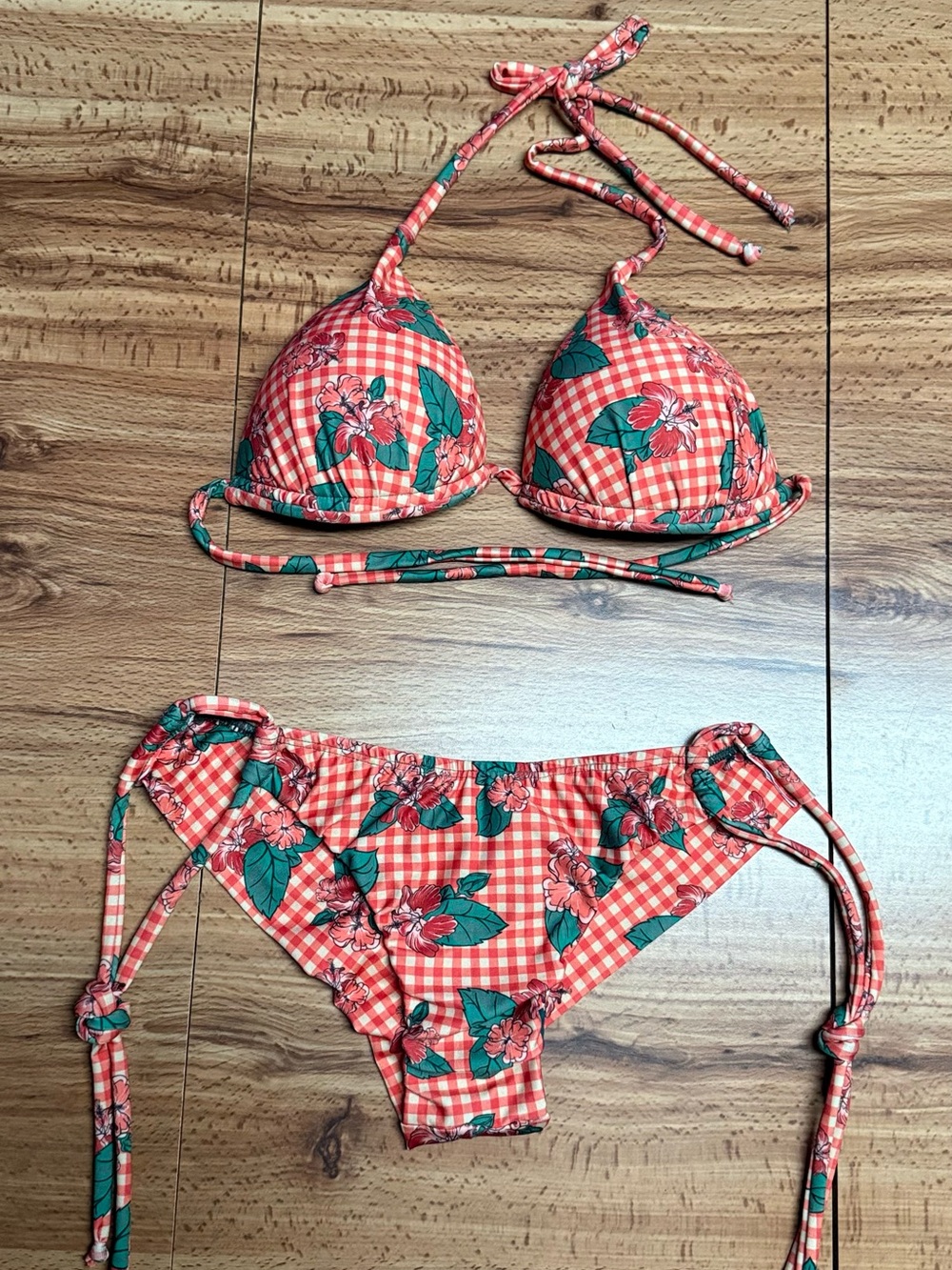 Women’s Floral Gingham Padded Triangle Brazilian Bikini Set - Orange & yellow